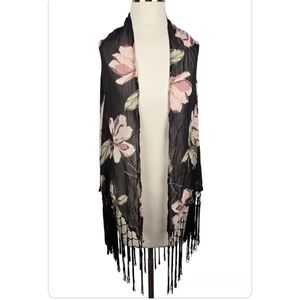 Floral Print Semi Sheer Black Pink Fringe Tassle Shawl Wrap One Size